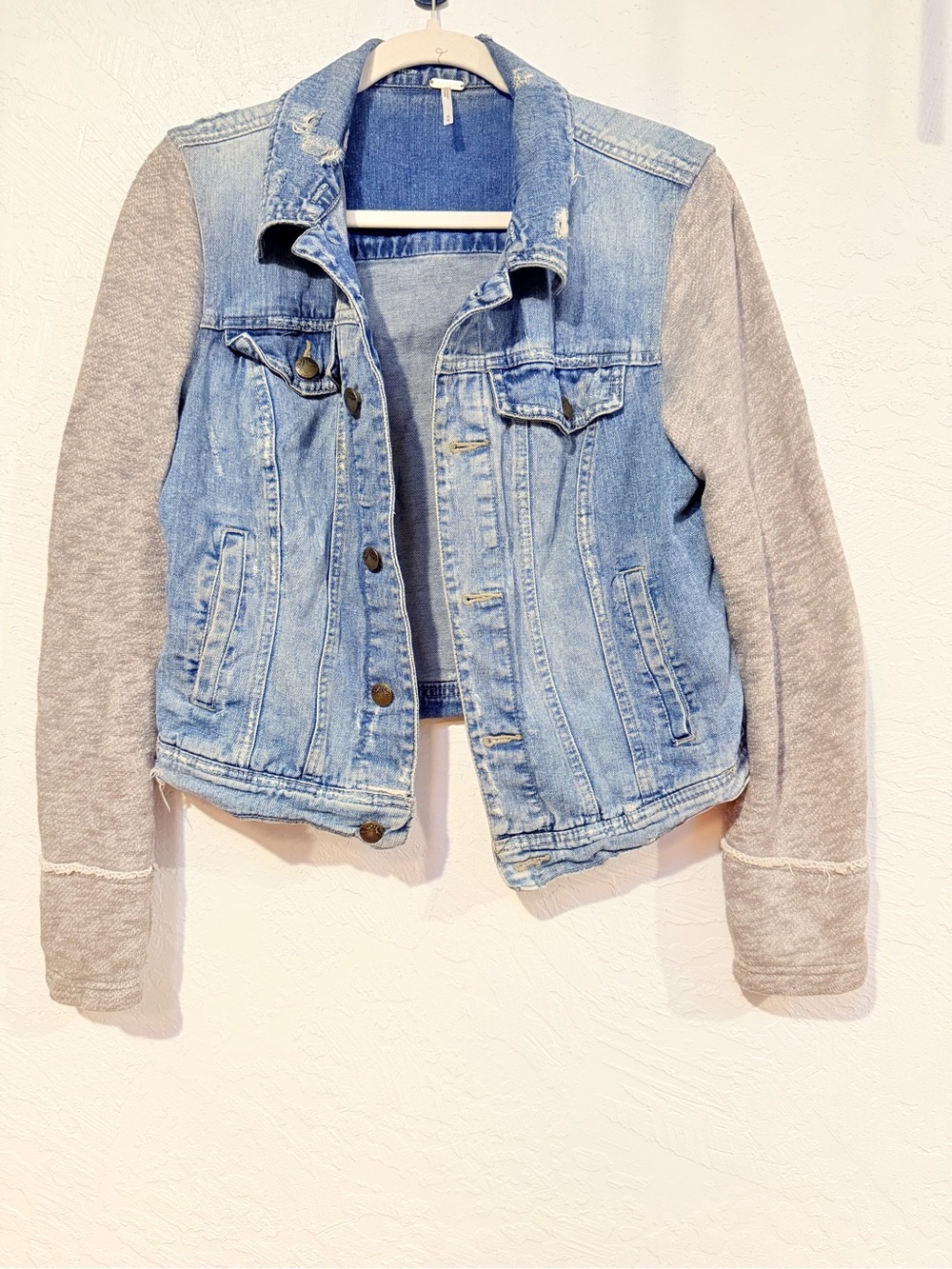Free People -Light Blue Denim Jacket with Gray Knit Sleeves - Picture 3 of 4